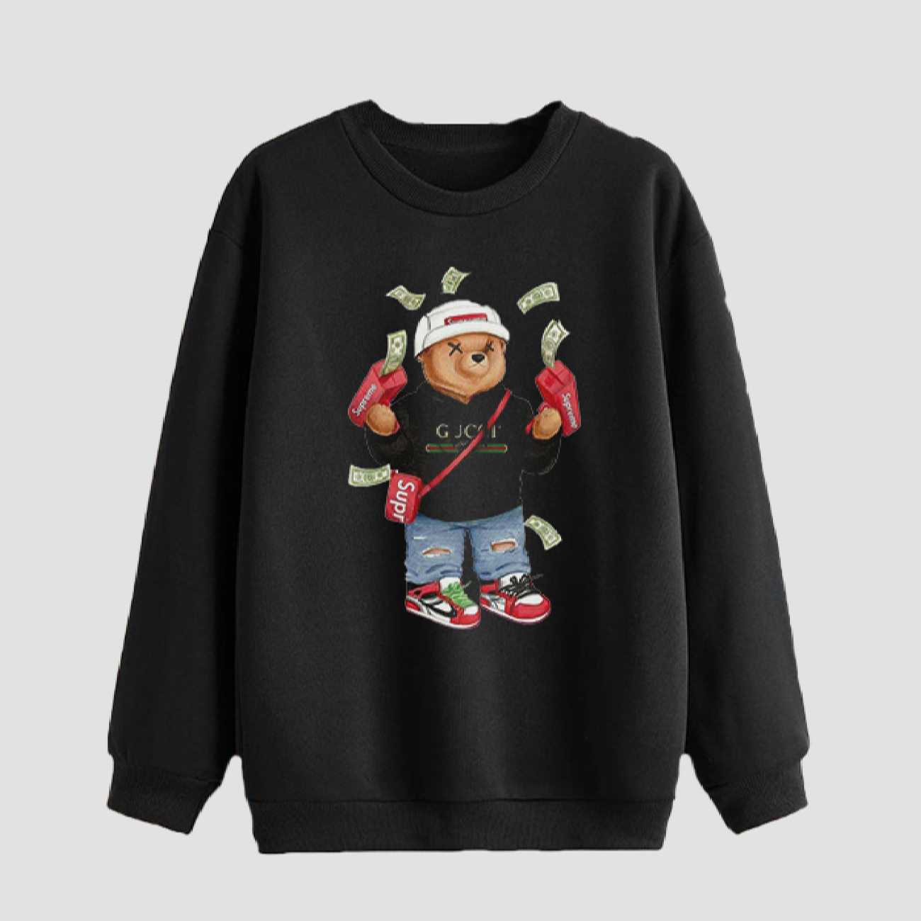 Herren Rundhals-Sweatshirt Baumwolle schwarz Teddy Bear