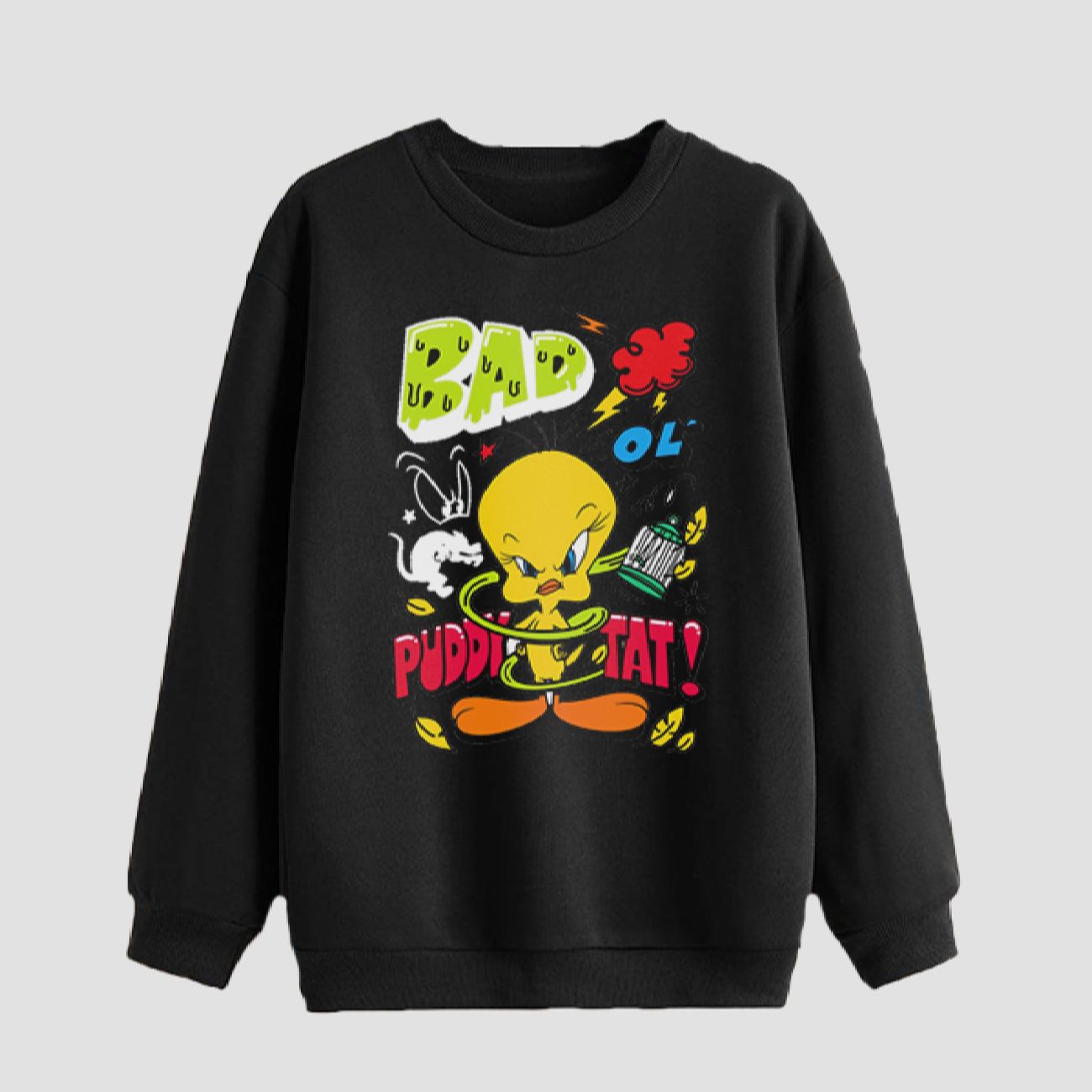 Herren Rundhals-Sweatshirt Baumwolle schwarz Tweety Design