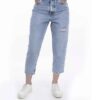 Mom Jeans in Hellblau mit geradem Bein, zeitgenössischer Denim-Chic