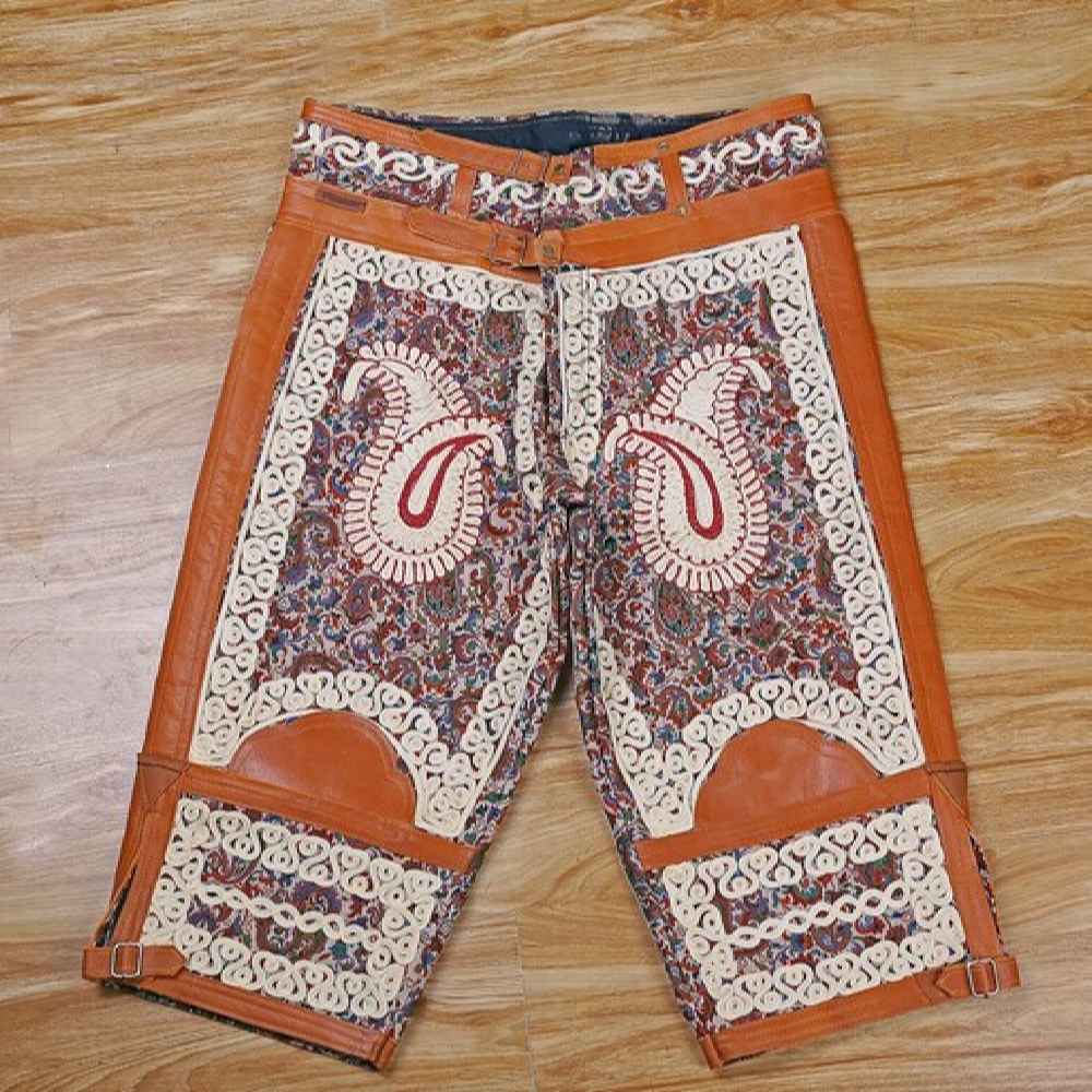 Persische Zoorkhaneh Athletische 3/4-Hose mit Termeh-Stoff & Leder