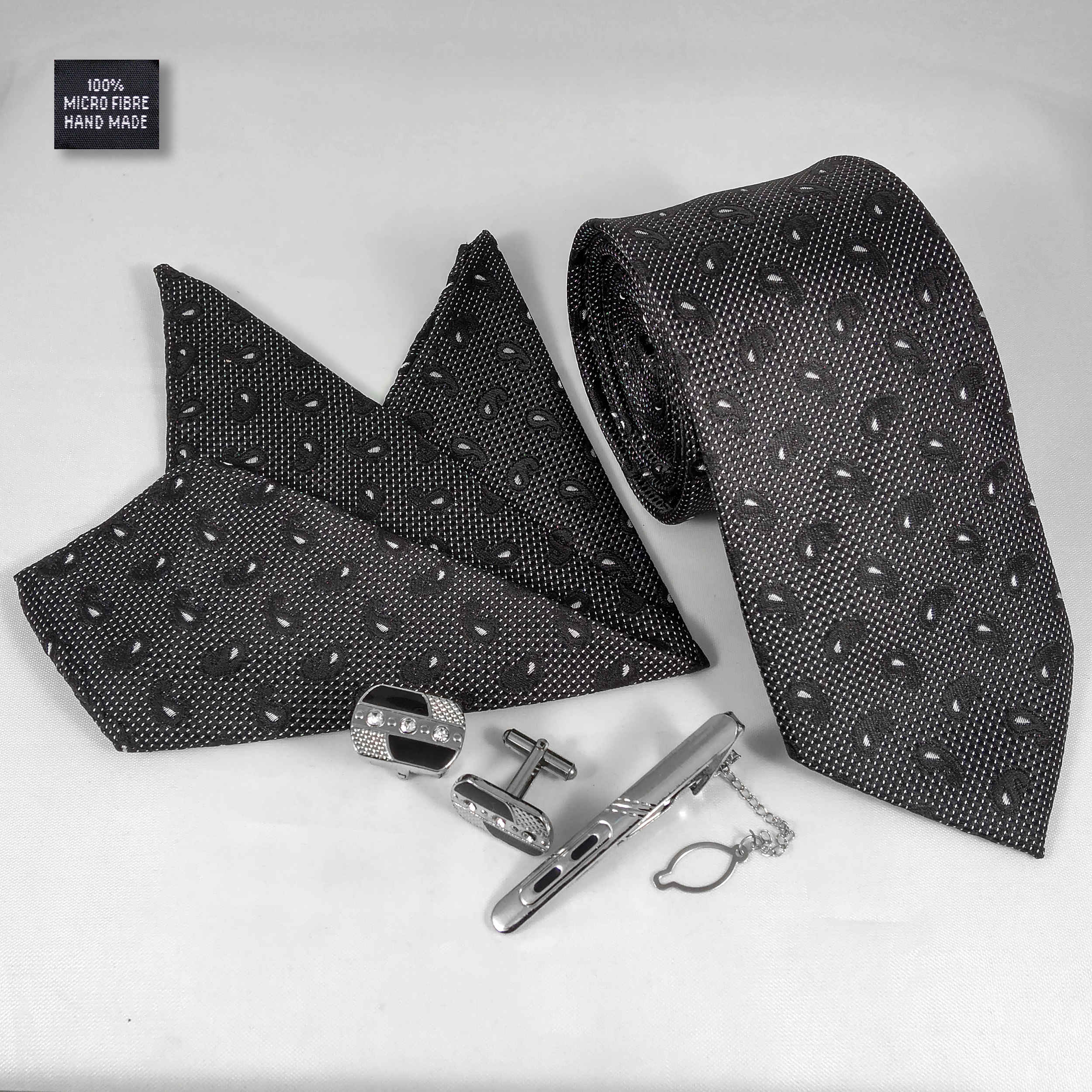 Herrenkrawatte, Taschentuch & Manschettenknöpfe Set – Luxuriös Schwarz