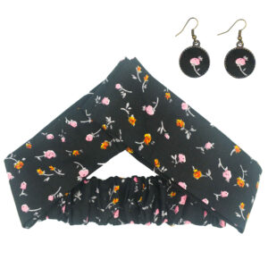 Damen Verdrehter Kreuz Stirnband & Ohrring Set Schwarz mit Blumen