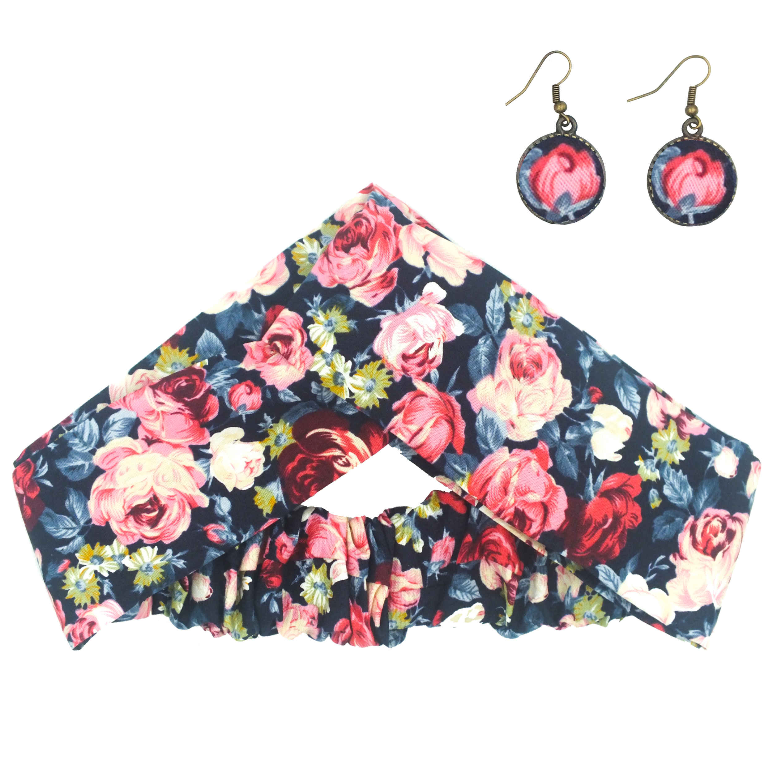 Damen Verdrehter Kreuz Stirnband & Ohrring Set Blumen