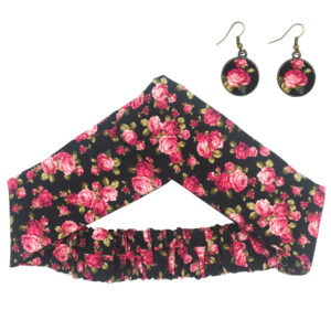 Damen Verdrehter Kreuz Stirnband & Ohrring Set Blumen Schwarz