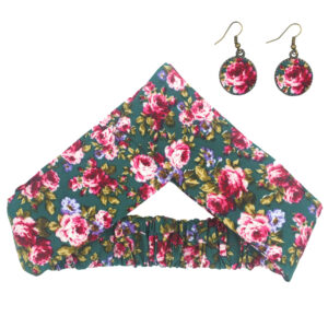 Damen Verdrehter Kreuz Stirnband & Ohrring Set Blumen Grün