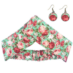 Damen Verdrehter Kreuz Stirnband & Ohrring Set Floral Hellgrün