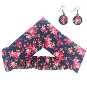 Damen Verdrehter Kreuz Stirnband & Ohrring Set Blumen Marineblau