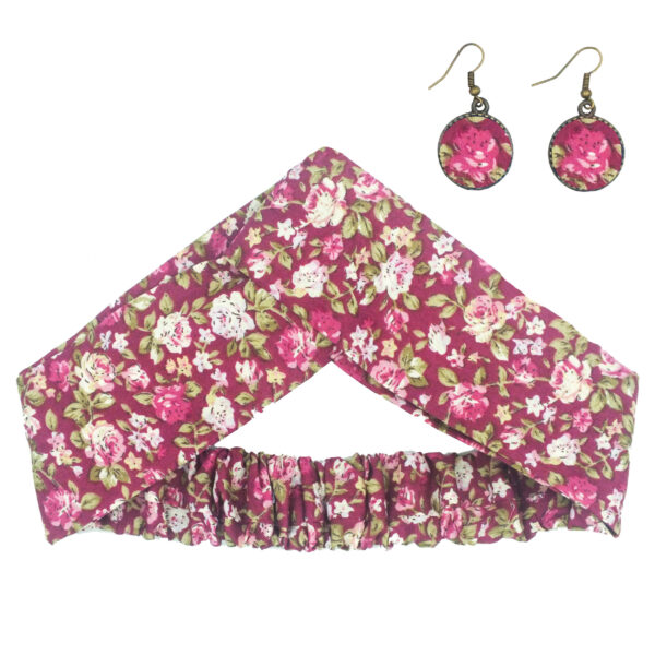 Damen Verdrehter Kreuz Stirnband & Ohrring Set Floral Rosa
