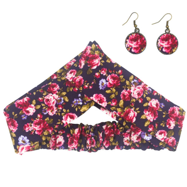 Damen Verdrehter Kreuz Stirnband & Ohrring Set Floral Lila