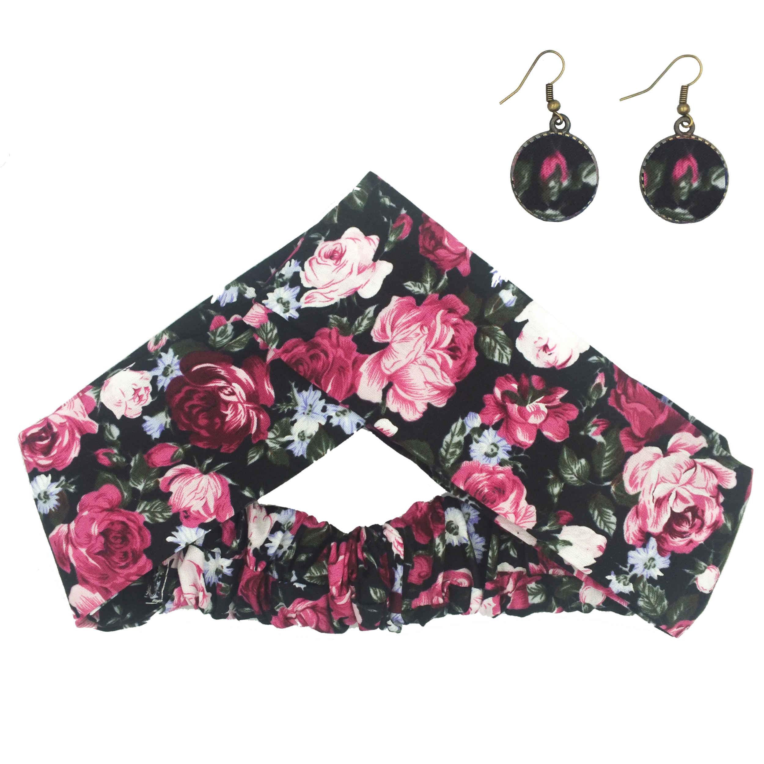 Damen Verdrehter Kreuz Stirnband & Ohrring Set Rosa & Schwarz