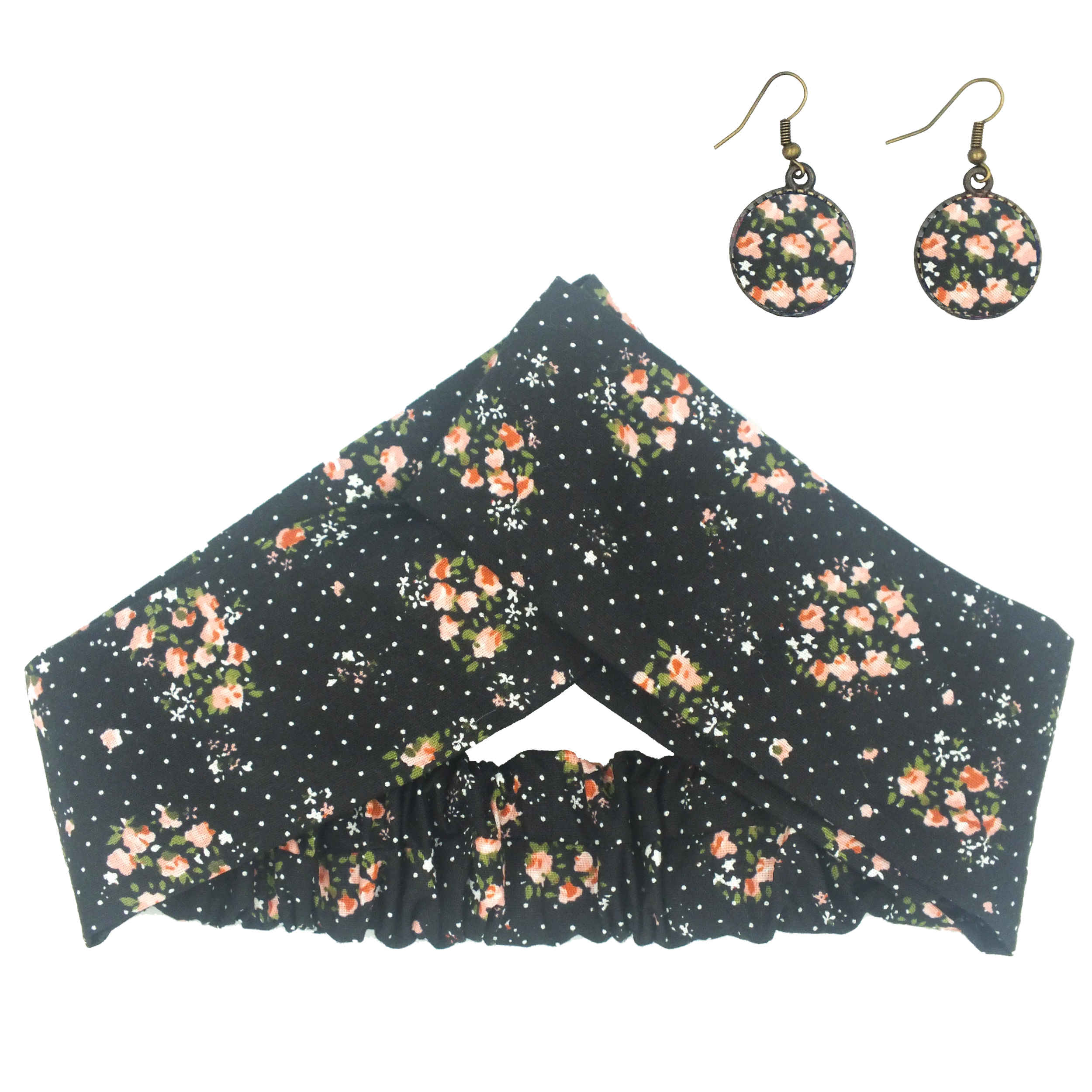 Damen Verdrehter Kreuz Stirnband & Ohrring Set Polka Dots Schwarz