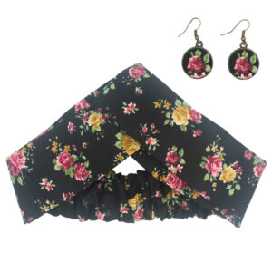 Damen Verdrehter Stirnband & Ohrring Set Schwarz mit Blumen