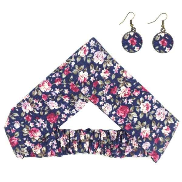 Damen Verdrehter Stirnband & Ohrring Set Floral Marineblau mit Rosa Blumen
