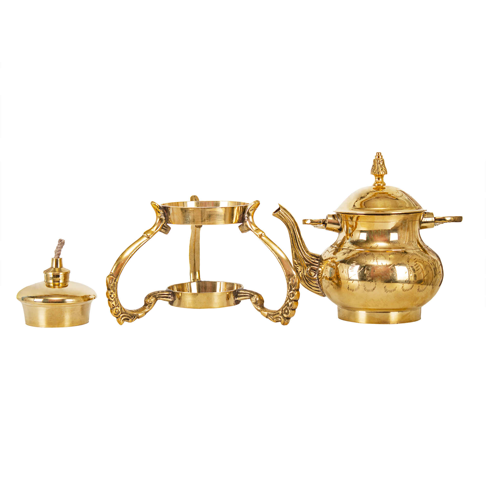 Messing-Teekanne mit Wärmerbasis handgraviert kunstvolles Design