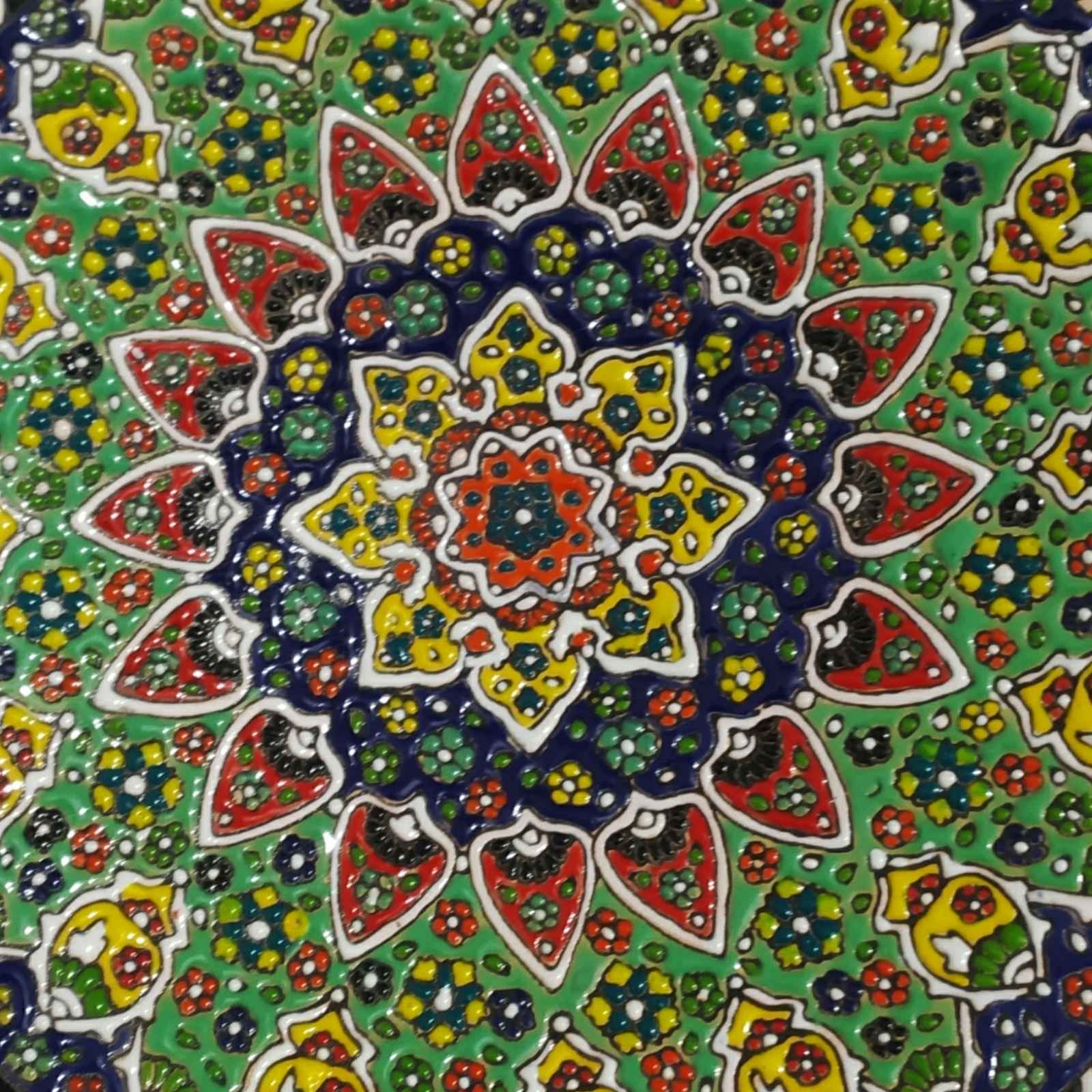 Dekorativer Keramikteller handgemalt mit persischer Minakari Emaille Vogel