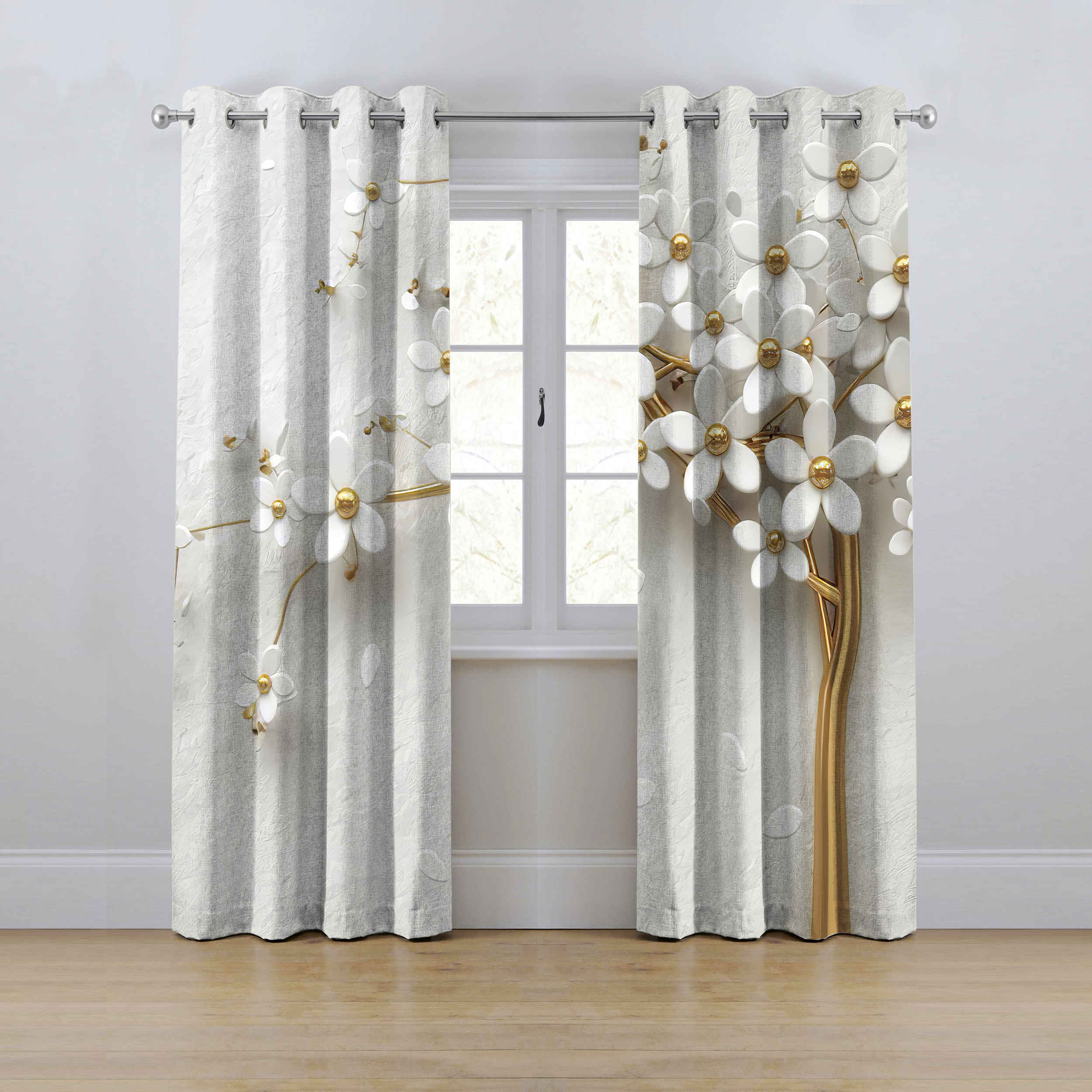 Gedruckter Samt Ösenvorhang – Floral Weiß (280x145 cm)