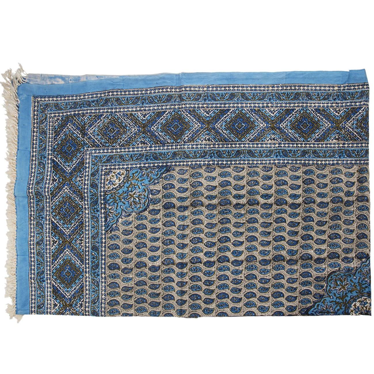 Iranisches Tischtuch: Isfahans traditionelle Kalamkari Blockdruck Himmelsblau