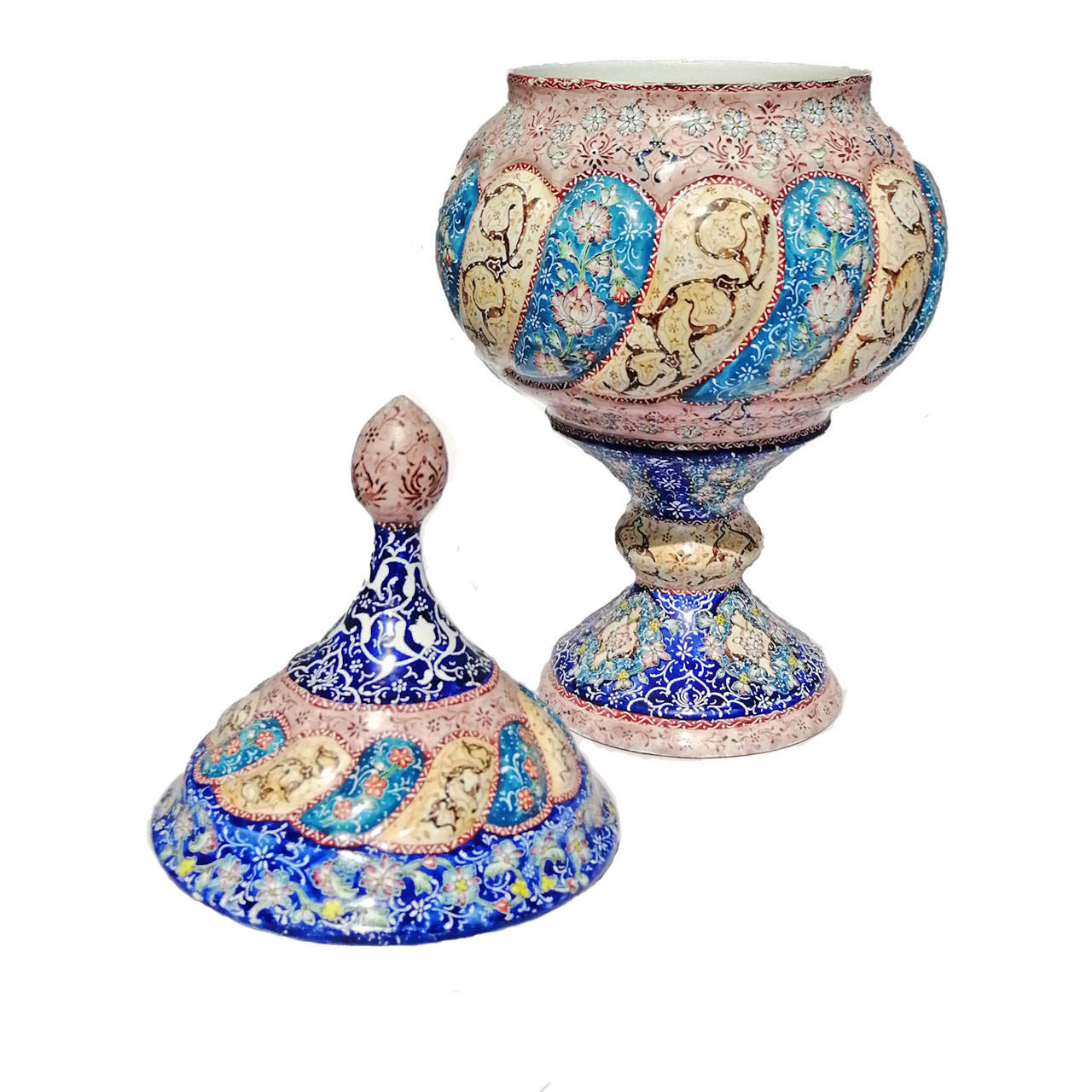 Handgefertigte persische Kupfer-Zuckerschale mit Deckel – Minakari emailliert Moj