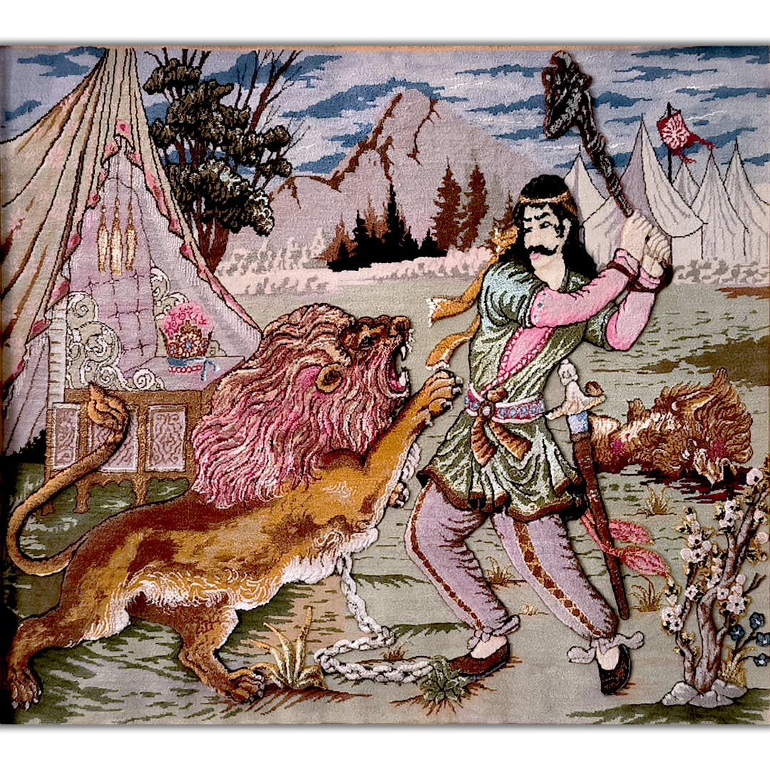 Handgeknüpfter persischer Bildteppich, der Bahram Gur darstellt