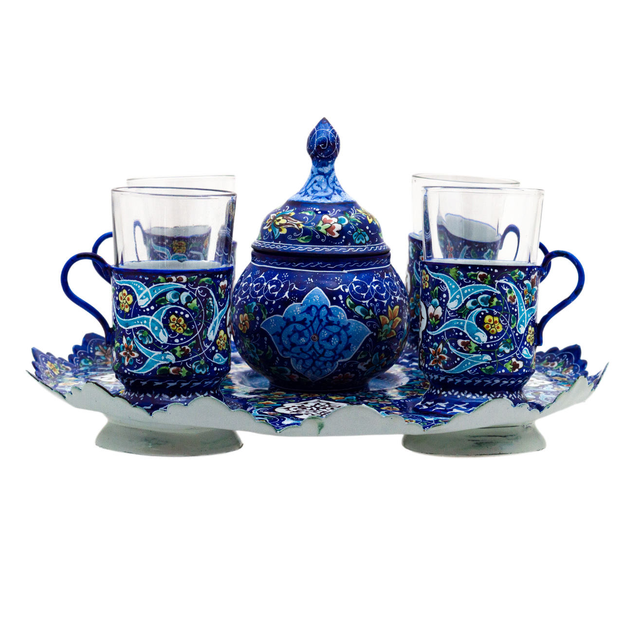 Handgefertigtes persisches Tee- und Kaffeeset aus Kupfer - Minakari Emailliert Blau