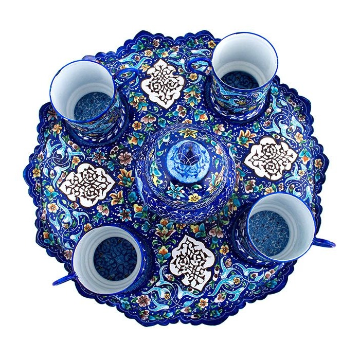 Handgefertigtes persisches Tee- und Kaffeeset aus Kupfer – Minakari Emailliert Blau