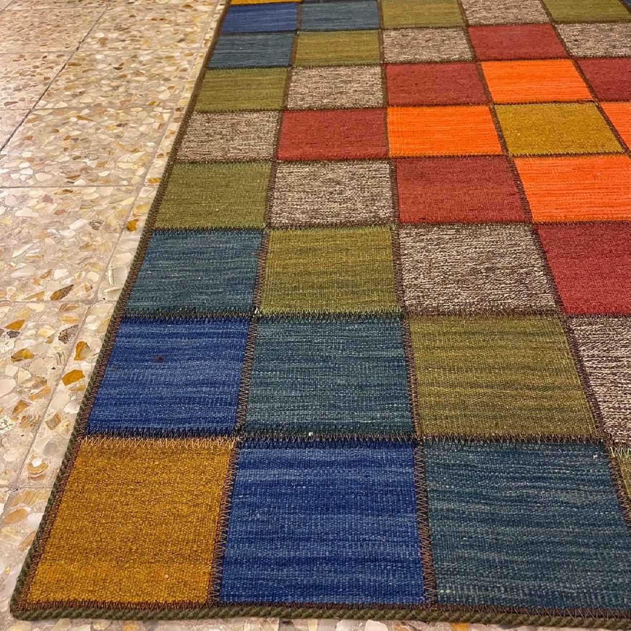 Persischer Woll Kelim Teppich echt handgewebt kariert rot