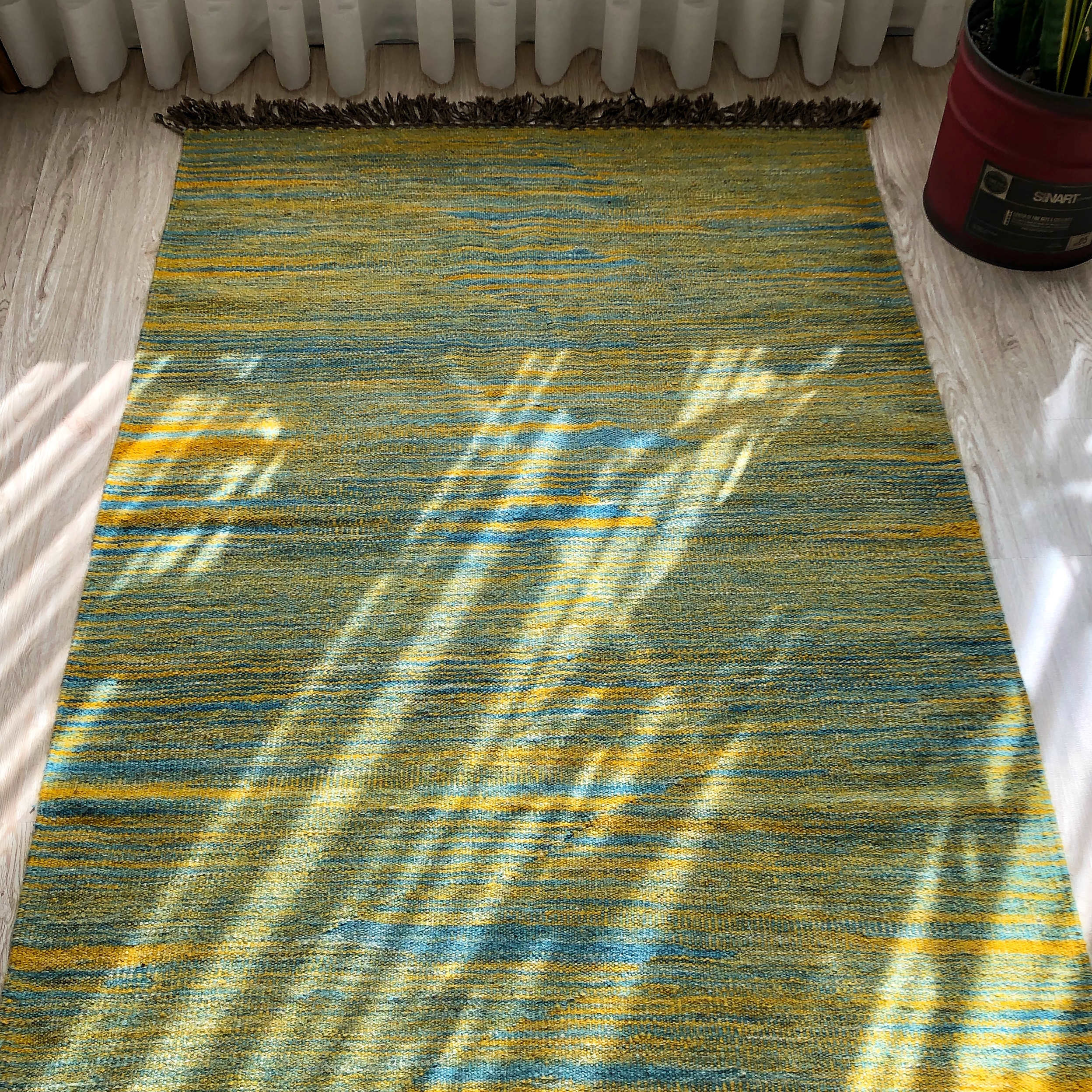 Persischer Woll Kelim Teppich handgewebt in Khorasan gestreift jadegrün