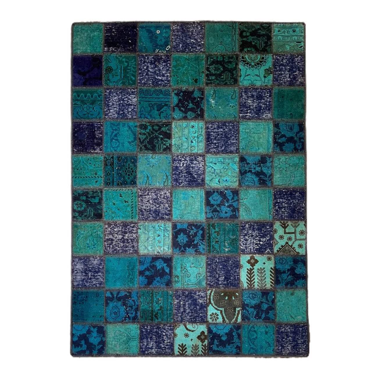 Persischer handgeknüpfter Patchwork-Teppich kariert blau