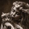 Handgeknüpfter persischer Bildteppich aus Tabriz, der ein Mädchen und eine Katze darstellt