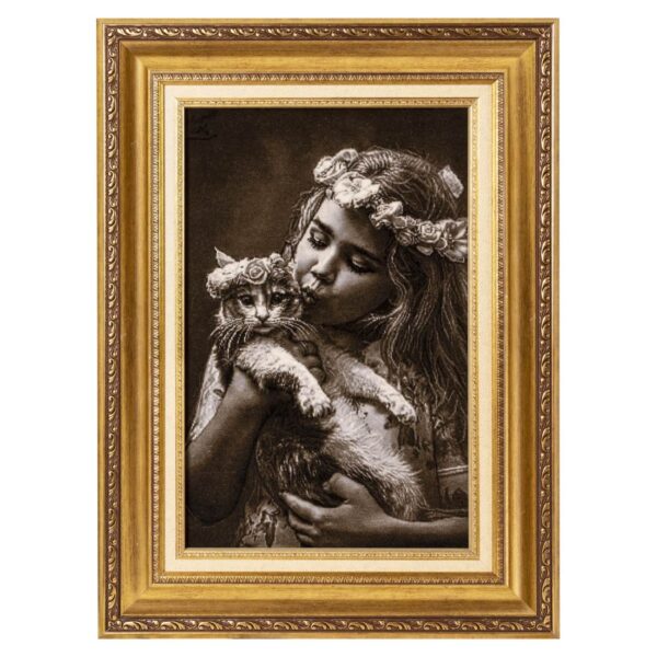 Handgeknüpfter persischer Bildteppich aus Tabriz, der ein Mädchen und eine Katze darstellt