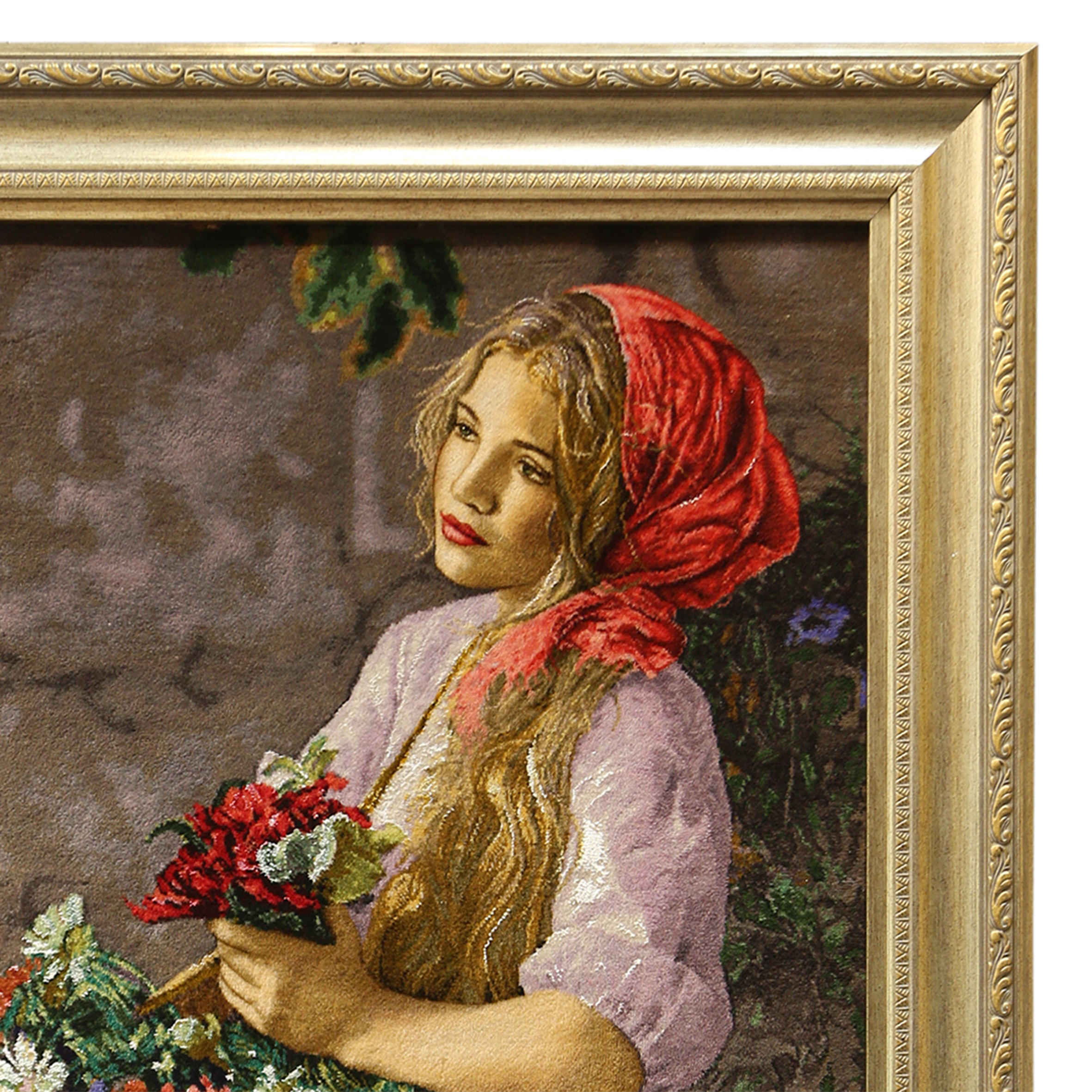 Handgeknüpfter persischer Bildteppich aus Tabriz, der ein Mädchen mit Blumen darstellt