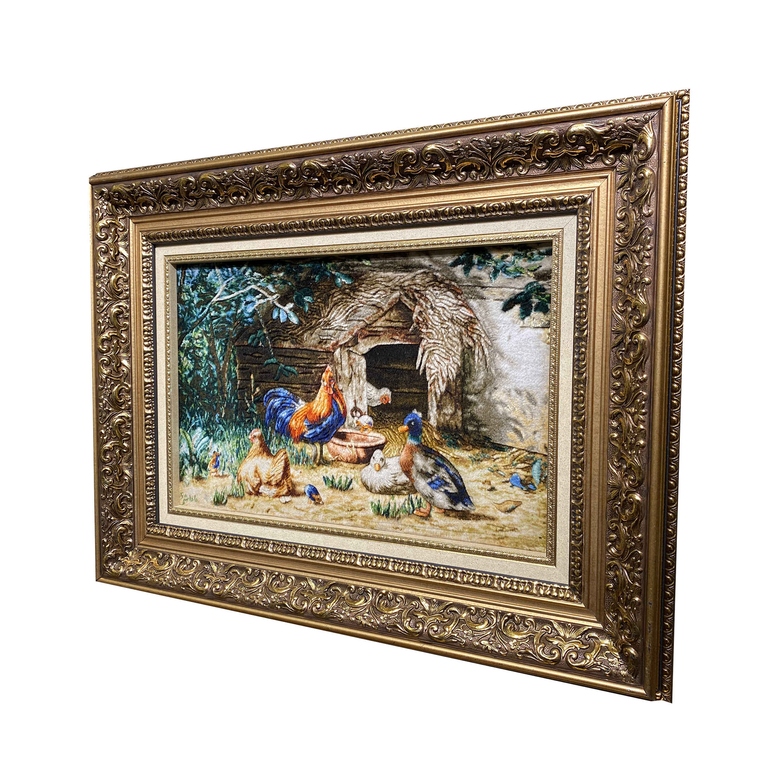 Handgeknüpfter persischer Bildteppich aus Tabriz, der Hühner und Enten darstellt