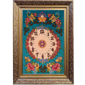Handgeknüpfter persischer Bildteppich aus Tabriz, der eine Uhr darstellt