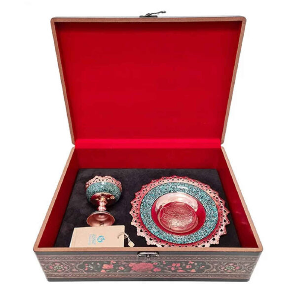 Schatzhaftes persisches handwerkliches Geschenkset Türkis-Einlegearbeit Teller & Nuss-Schale