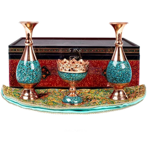 Schatzhaftes persisches handwerkliches Geschenkset Türkis-Einlegearbeit Vasen & Obstschale