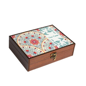 Holz-Teebeutel-Organizer-Box mit 4 Fächern und traditionellem Druck