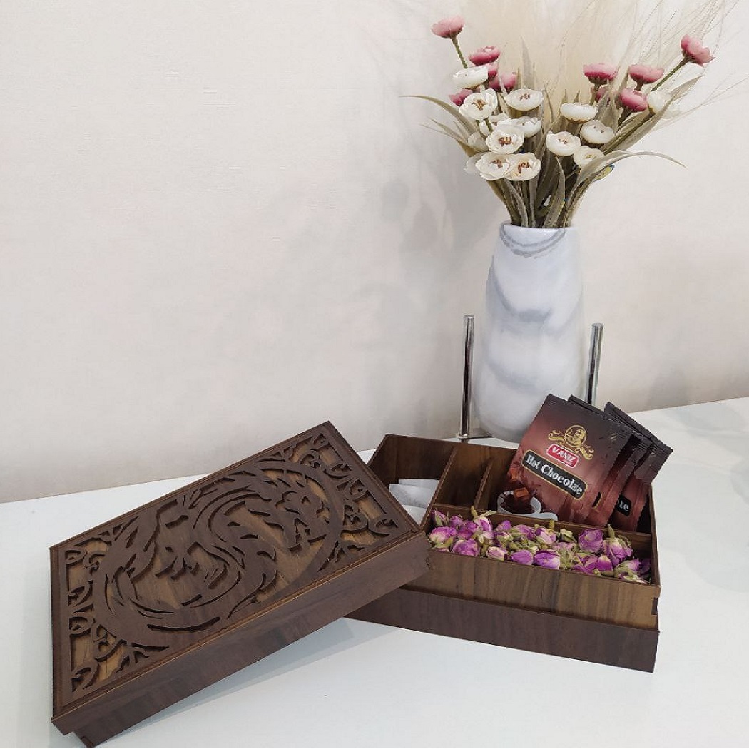 Holz-Teebeutel-Aufbewahrungsbox mit 4 Fächern und Untersetzern