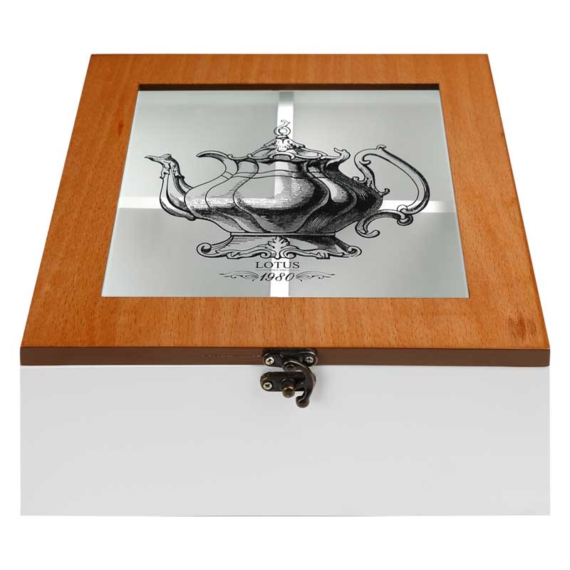 Holz-Teebeutel-Aufbewahrungsbox mit 4 Fächern und durchsichtigem Deckel