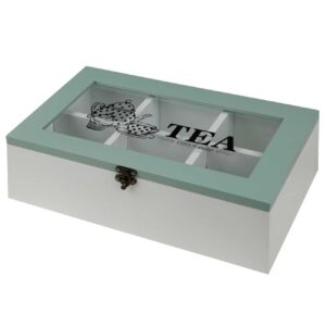 Holz-Teebeutel-Organizer-Box mit 6 Fächern in Türkis und Weiß
