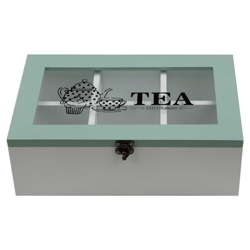 Holz-Teebeutel-Aufbewahrungsbox mit 6 Fächern in Türkis und Weiß