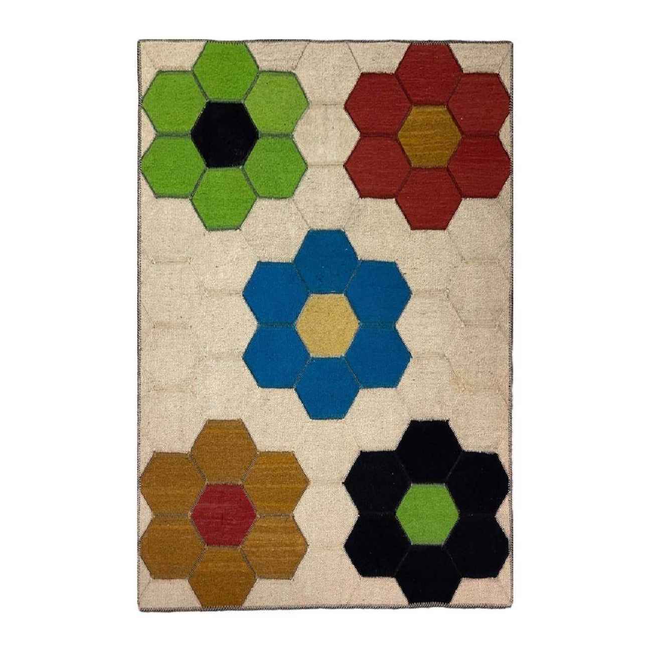 Artisanal persischer Woll Kelim Teppich handgewebt floral cremefarben