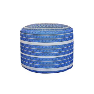 Handgefertigter runder Pouf mit weiß-blauem Stoff