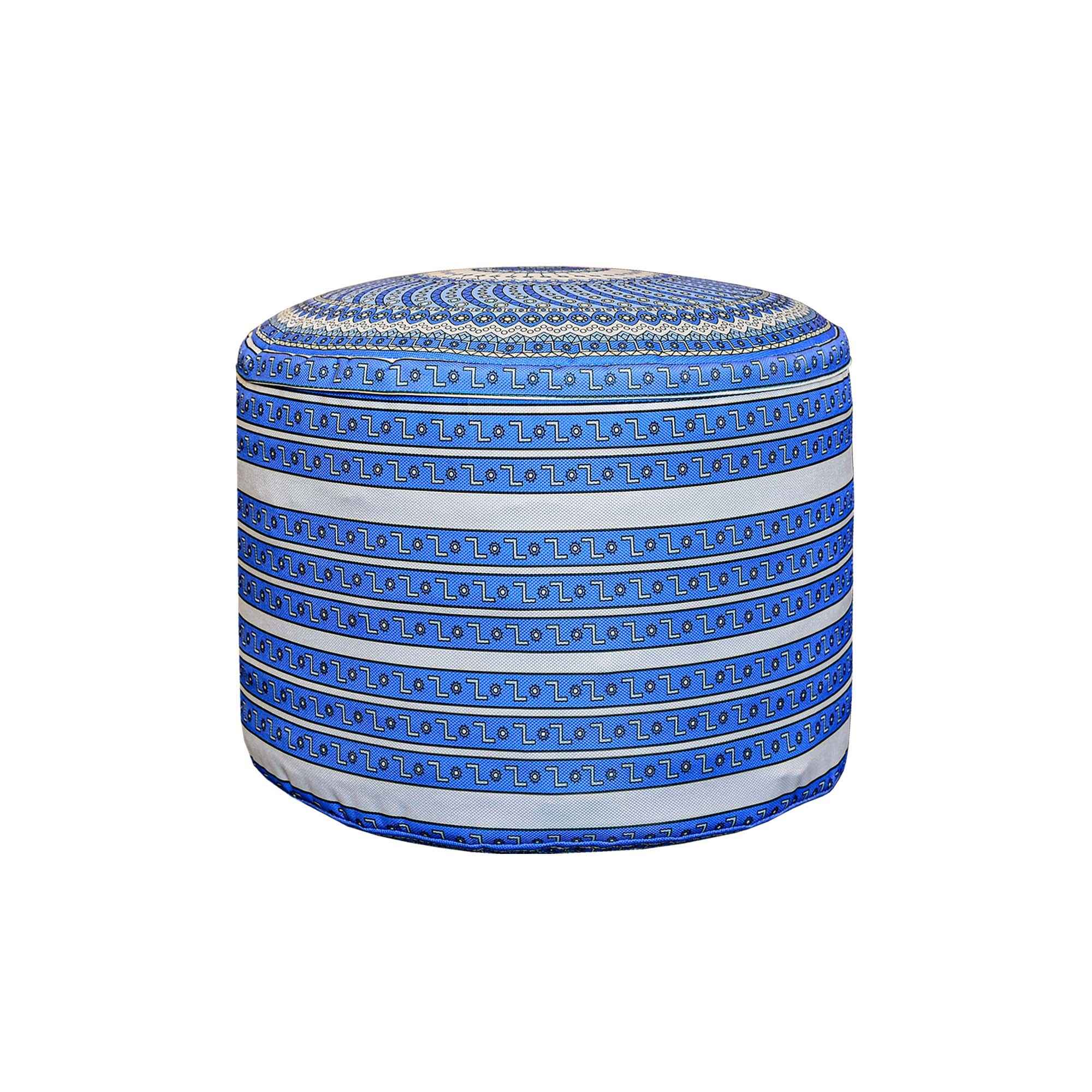 Handgefertigter runder Pouf mit weiß-blauem Stoff