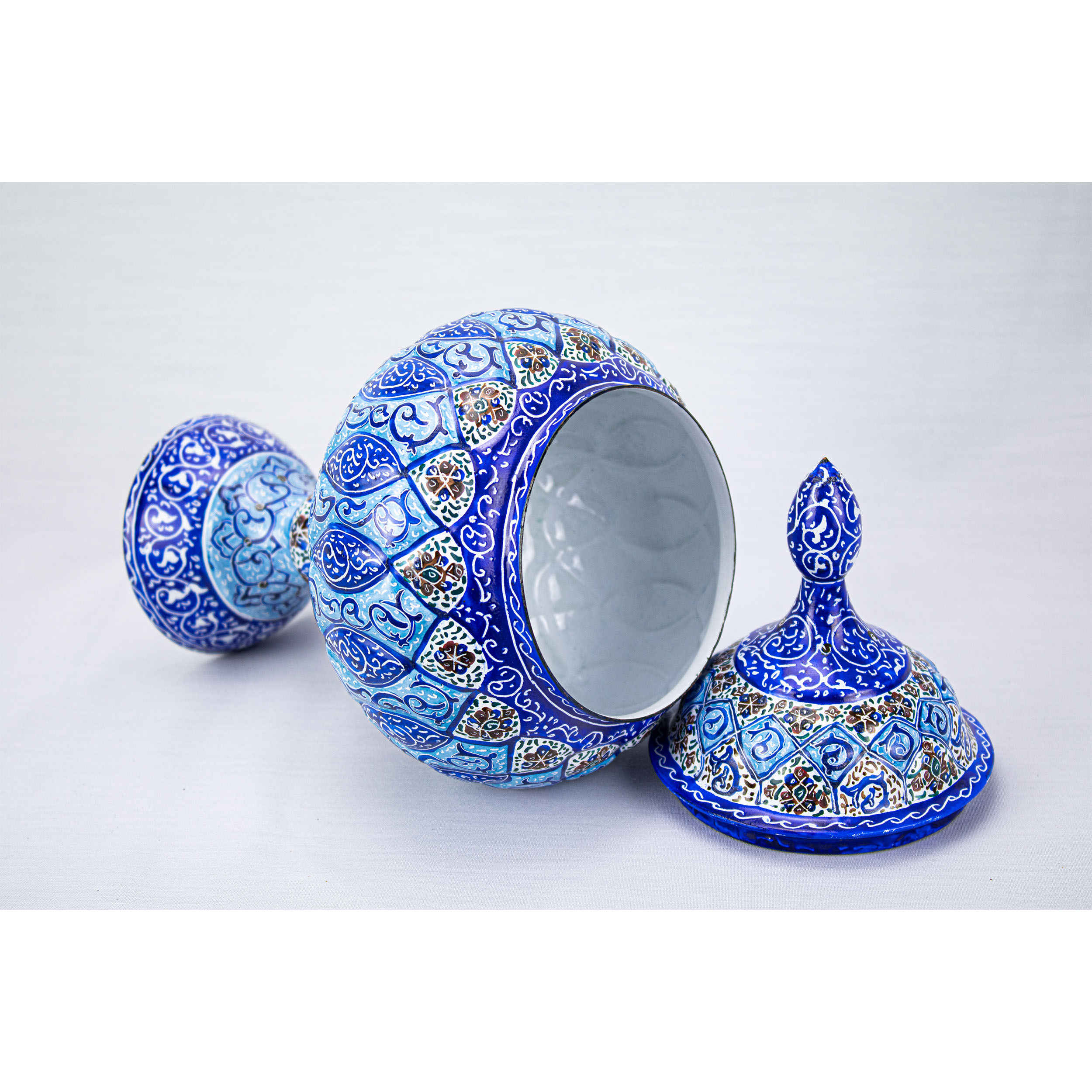 Handgefertigte persische Zuckerschale aus Kupfer mit Deckel – Minakari emailliert