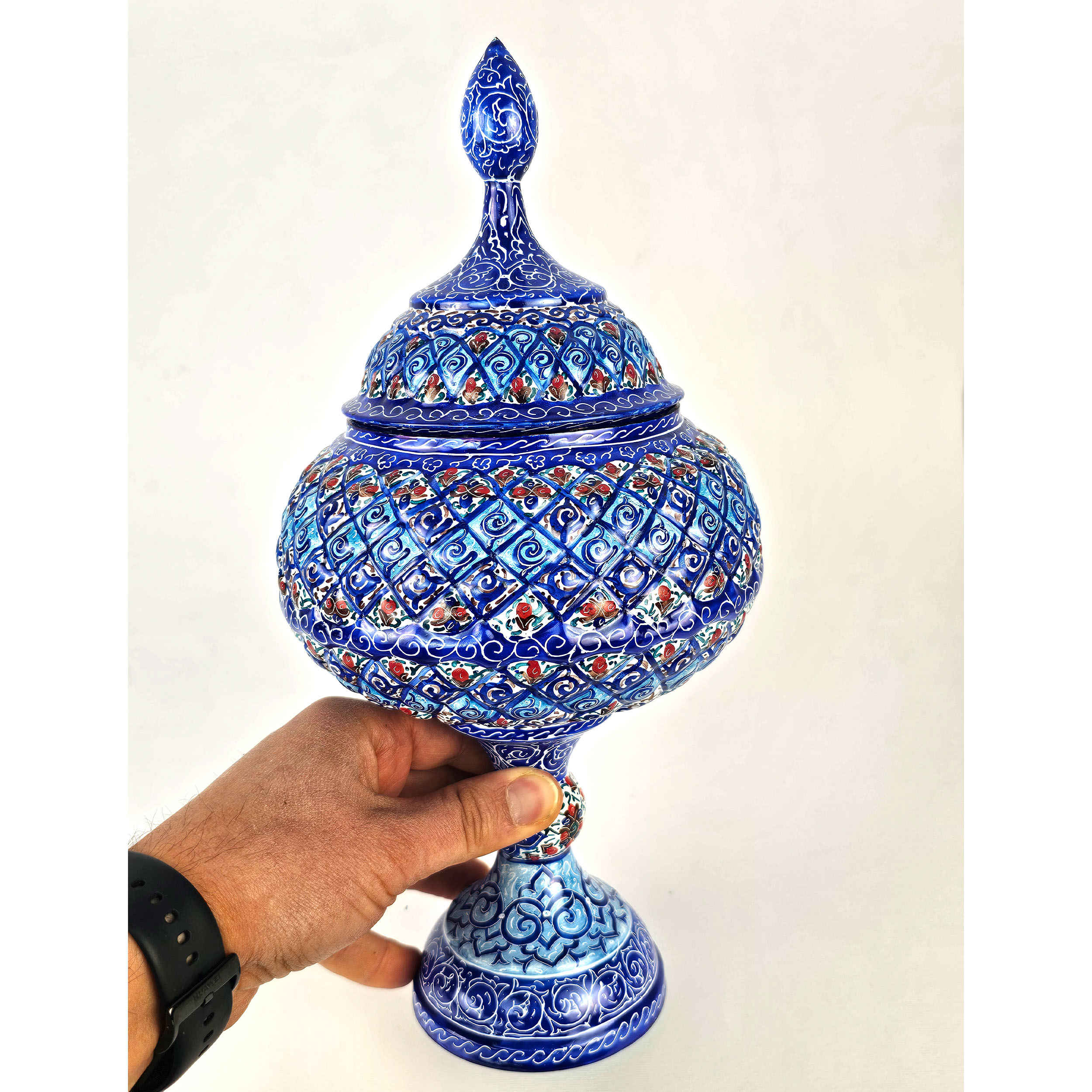 Handgefertigte persische Zuckerschale aus Kupfer mit Deckel – Minakari emailliert Eslimi