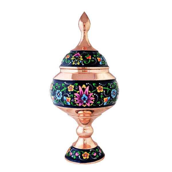 Handgefertigte persische Zuckerschale aus Kupfer mit Deckel - Minakari emailliert Floral