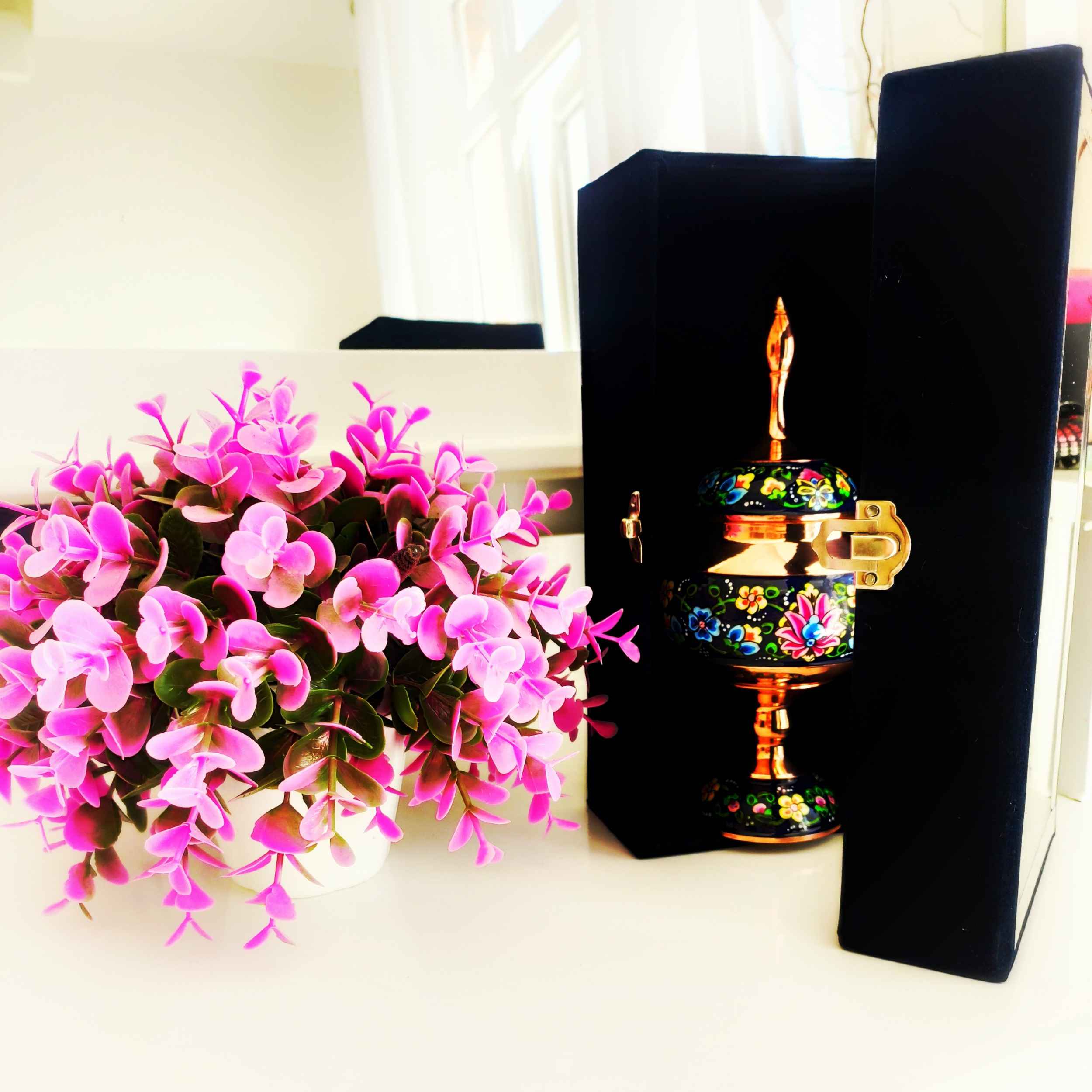 Handgefertigte persische Zuckerschale aus Kupfer mit Deckel – Minakari emailliert Floral