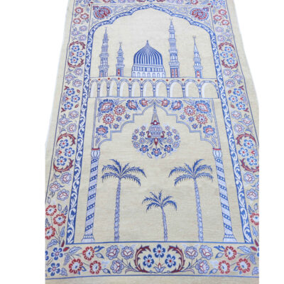 Islamische gepolsterte Gebetsmatte Sajadah aus Samt mit Minarett-Design in Creme und Blau
