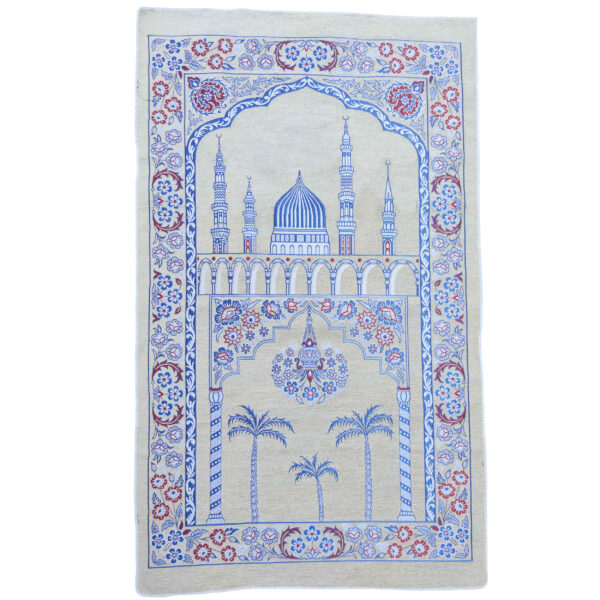 Islamische gepolsterte Gebetsmatte Sajadah aus Samt mit Minarett-Design in Creme und Blau
