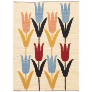 Original persischer Woll Kelim Teppich handgewebt in Kerman floral cremefarben
